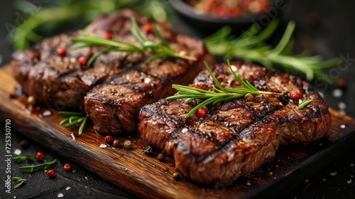On wooden board, grilled medium rare steak is pictured.