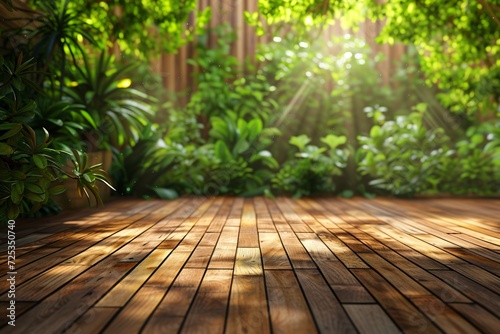 Empty wooden terrace with green wall