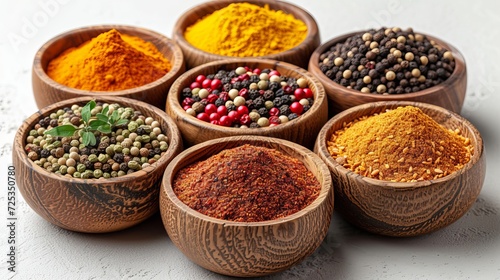 In a bowl of spices on a white background, there is some copy space on top.