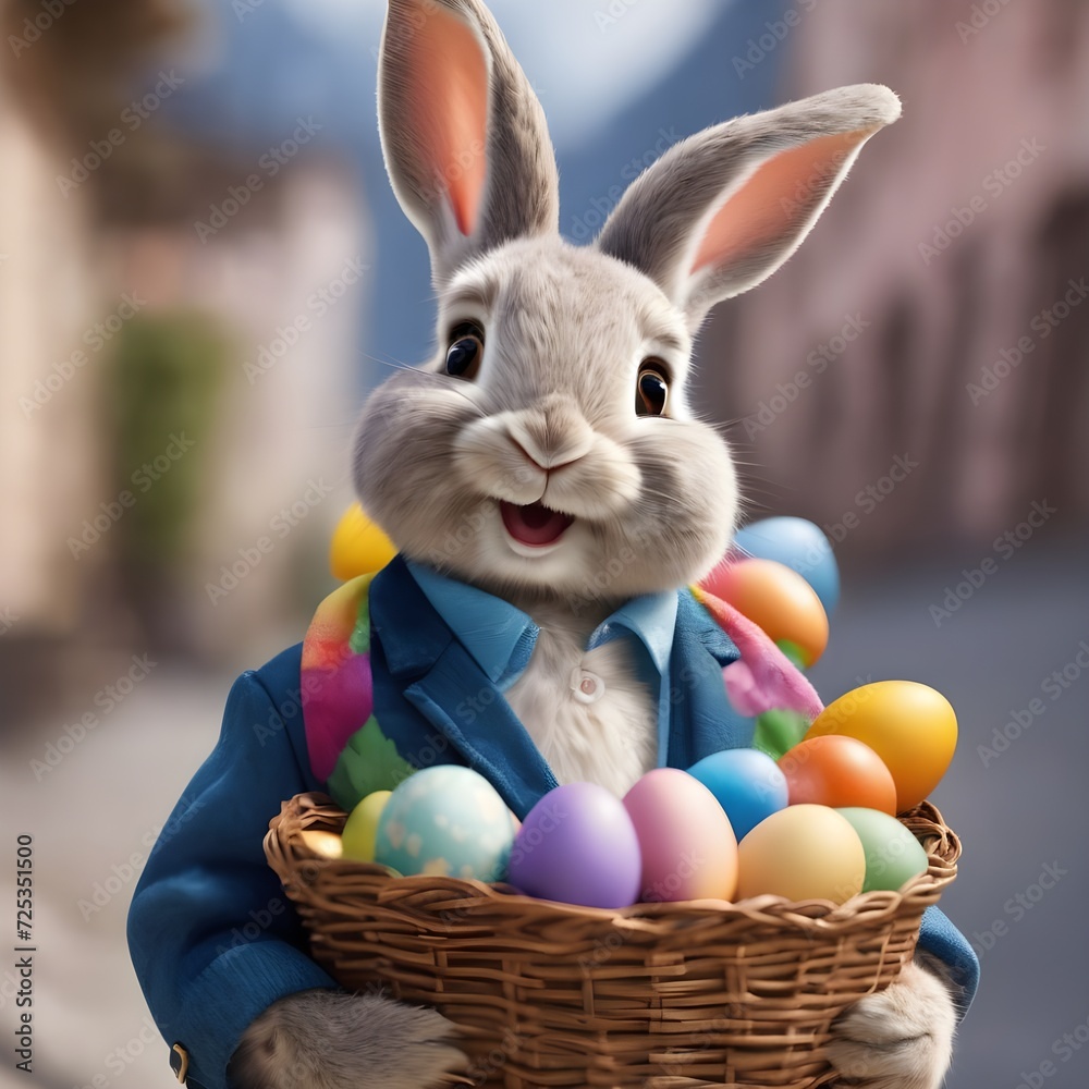 An Easter bunny rabbit holding a basket filled with colourful Easter Eggs 