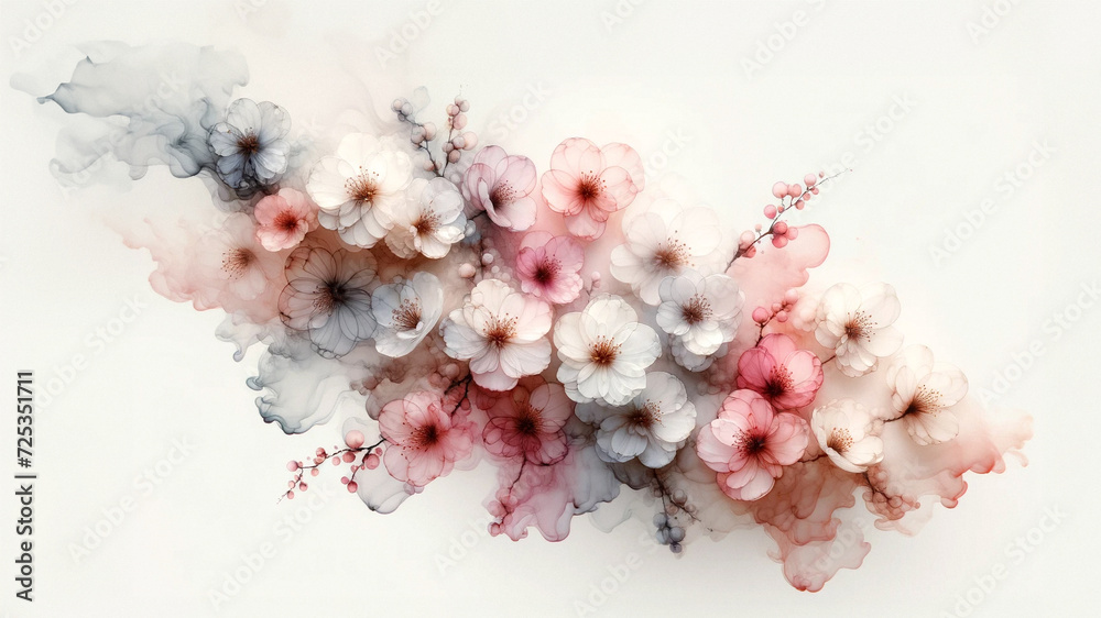 Abstract sakura flowers with fluid alcohol ink paint by pink gold soft tones on white background. Abstract sakura flowers with fluid alcohol ink paint by pink gold soft tones on white background.