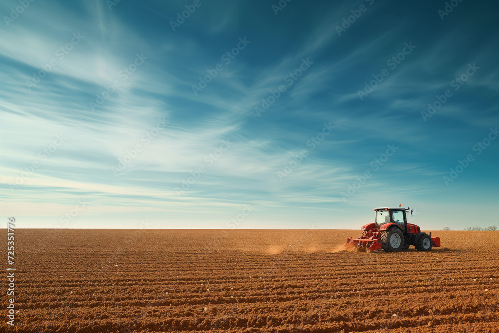Tractor Plowing Field Under Blue Sky. Red tractor actively plowing the brown soil in a vast field, with a striking blue sky overhead. Tractor Plowing Field Under Blue Sky. Red tractor actively plowing the brown soil in a vast field, with a striking blue sky overhead.