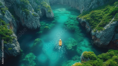 beauty scene with sea, boat and green island photo