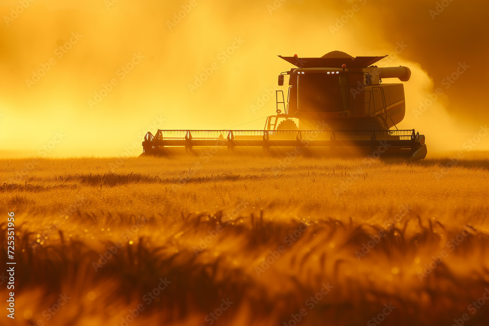 Naklejka premium Harvester Machine Working at Sunset in Field. Silhouette of a harvester machine working in a crop field during a dramatic sunset, casting a golden glow.
