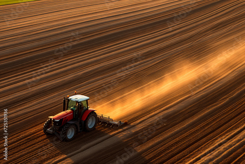 Twilight Tillage. Tractor plowing fields at dusk, stirring dust in warm light.