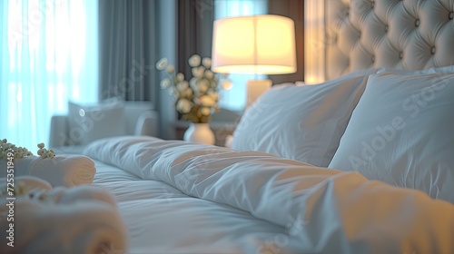 A plush white hotel bed in the style of ultra-detailed renderings