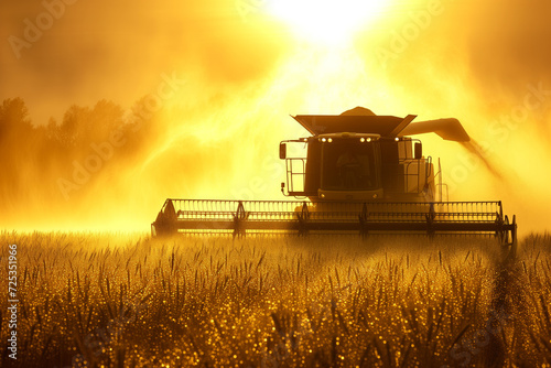 Sunset Harvest in the Wheat Fields. A combine harvester at work in a wheat field during sunset, creating a dusty atmosphere.