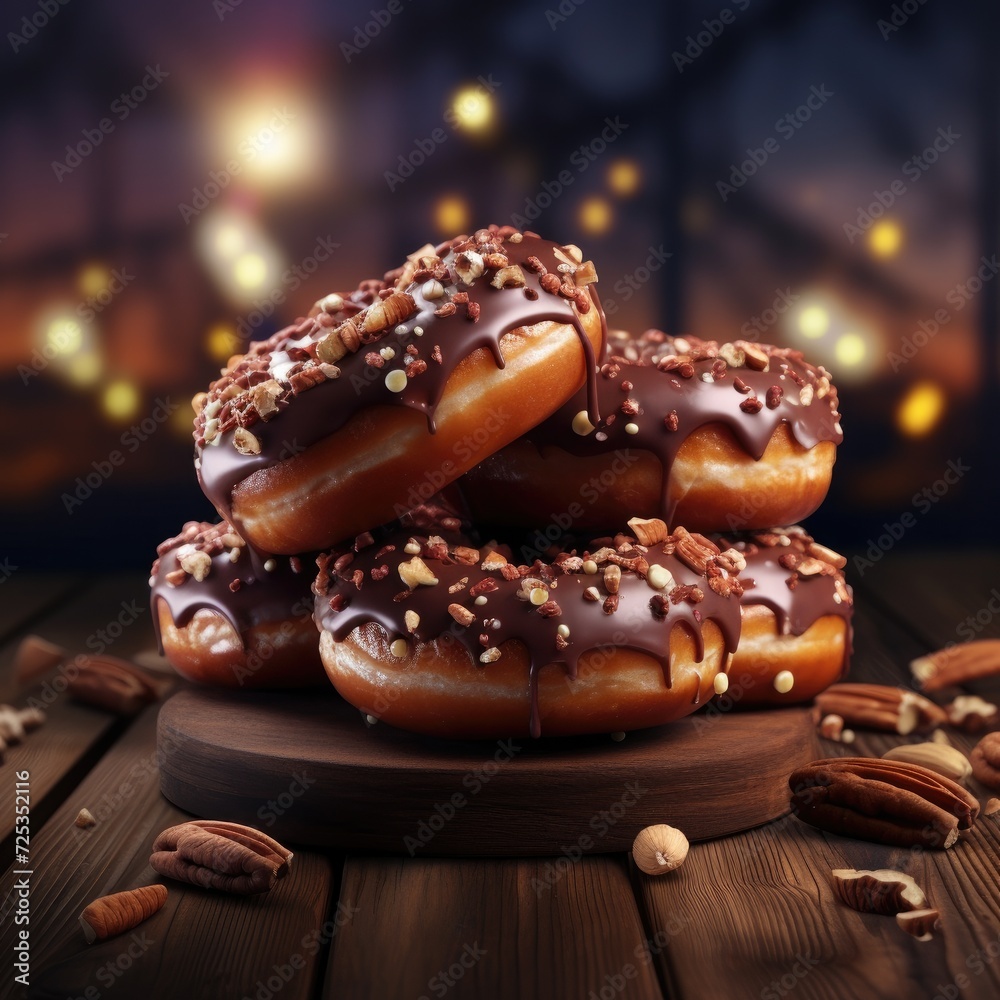 Tasty chocolate donuts with sprinkles on a dark background. Generative AI. Tasty chocolate donuts with sprinkles on a dark background. Generative AI.