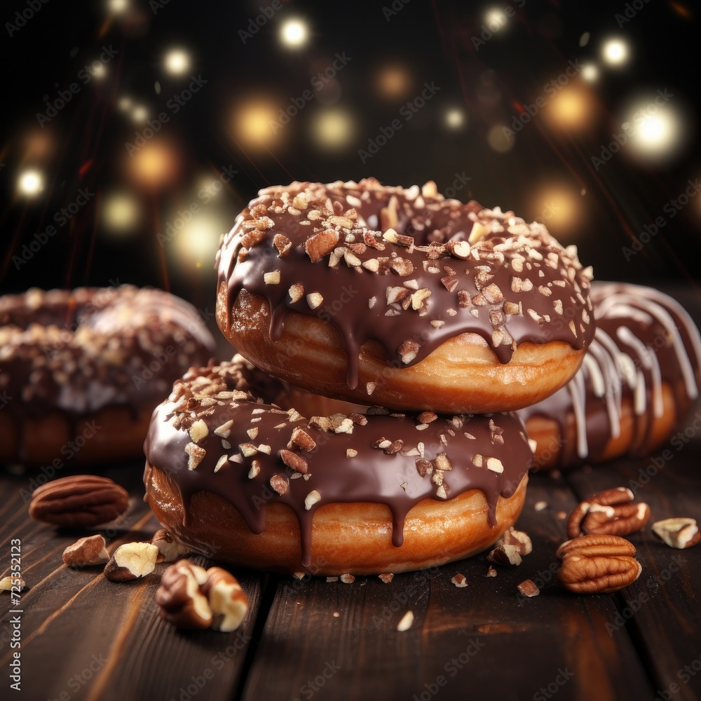 Tasty chocolate donuts with sprinkles on a dark background. Generative AI.