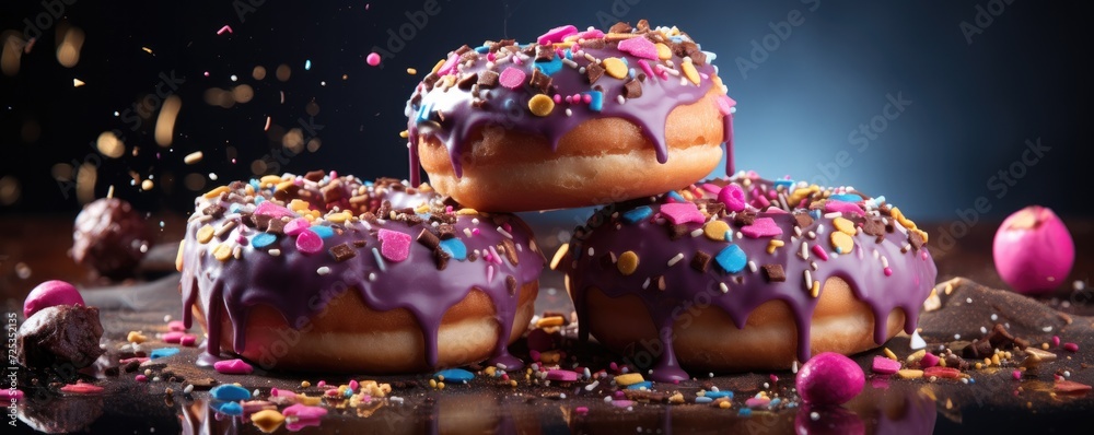 Tasty colorful donuts with sprinkles on a dark background. Generative AI. Tasty colorful donuts with sprinkles on a dark background. Generative AI.