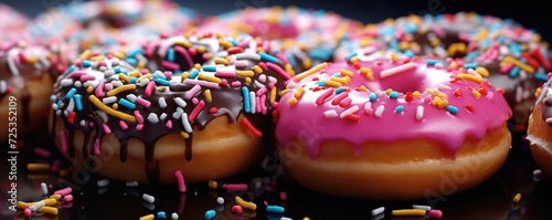 Tasty colorful donuts with sprinkles on a dark background. Generative AI.