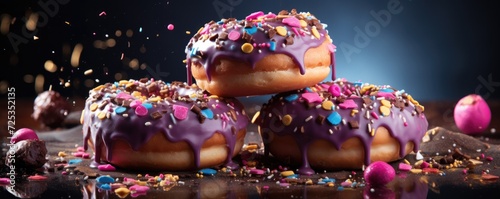 Tasty colorful donuts with sprinkles on a dark background. Generative AI.