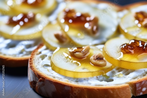 Bruschetta with caramelized pears and cheese, delicious crostini for gourmet breakfast, brunch or lunch
