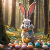 easter bunny in a dreamy and calm forest with decorated and colorful eggs