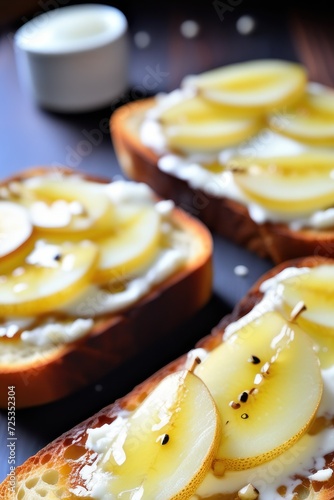 Bruschetta with caramelized pears and cheese, delicious crostini for gourmet breakfast, brunch or lunch