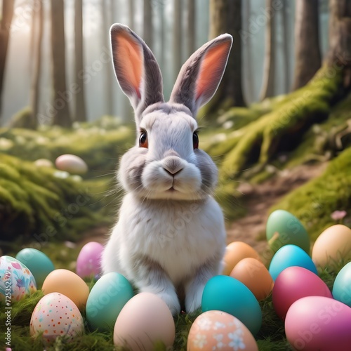 easter bunny in a dreamy and calm forest with decorated and colorful eggs © QasimAli