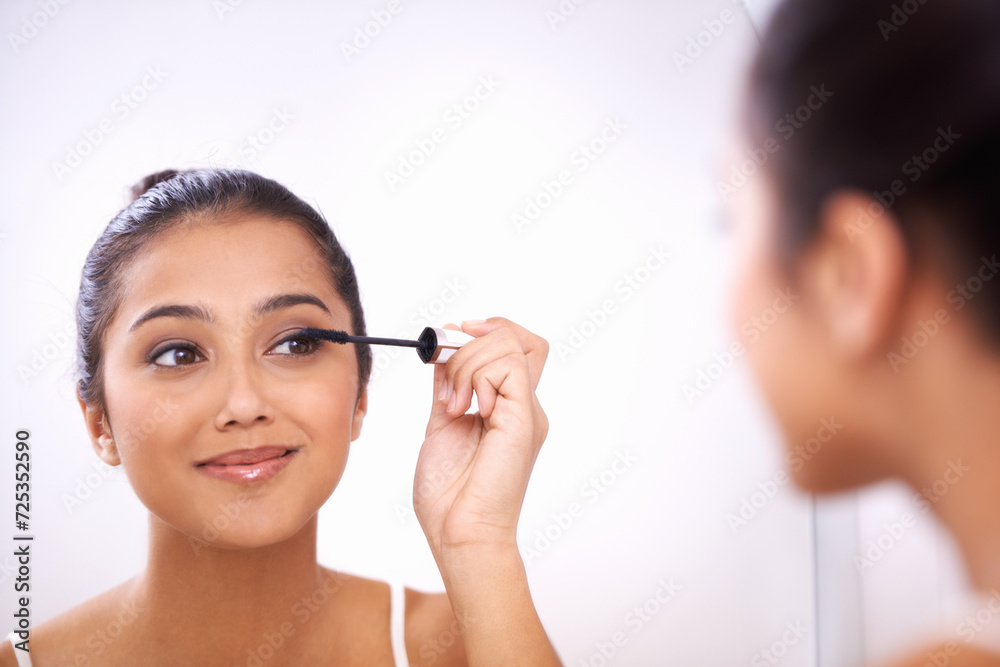 Φωτογραφία Woman, mascara wand and beauty in mirror, skincare and application of cosmetics for grooming