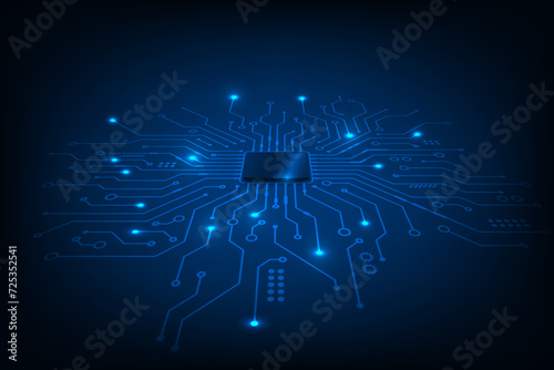 Vector perspective abstract technology chip processor, circuit board on blue background.