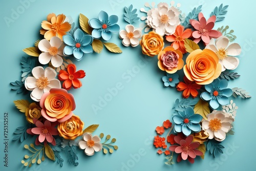 Flower frame made of paper flowers and leaves on blue background © png sublimation