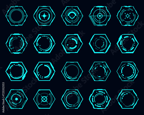 Vector set technology futuristic frame HUD hexagon shape technology cyberpunk design element.