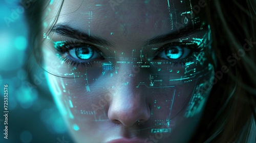 Robot woman face with future concept and hologram effect. photo