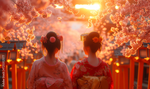 Portrait of two young Geishas from the back looking out in a cherry tree garden. Young beautiful Geishas with traditional dresses.