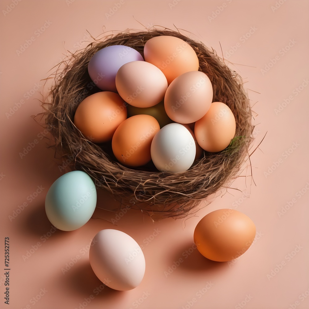 Still life of a nest of Easter eggs on a peach fuzz colored background. Banner with copy space