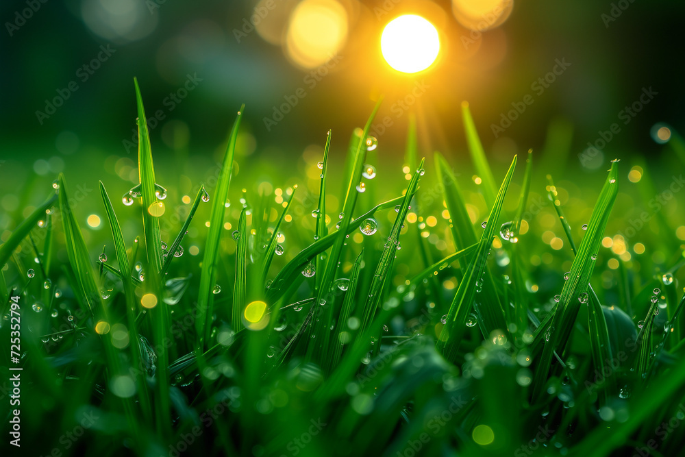 Close-up of Morning Dew droplets on a vibrant grass