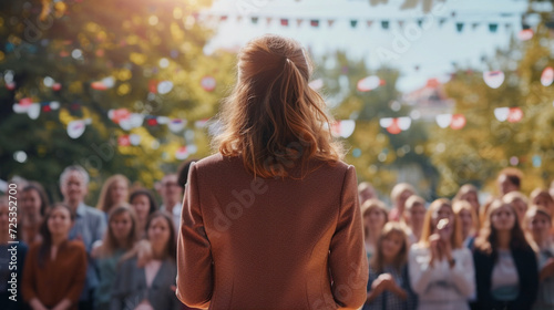 Election debate period woman politician campaign in front of public audience. photo
