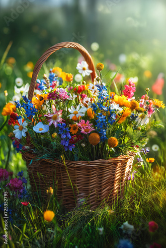 Basket of flowers in grass. Amidst the lush green grass, a vibrant picnic basket overflows with an array of delicate flowers, creating a picturesque garden in a single container