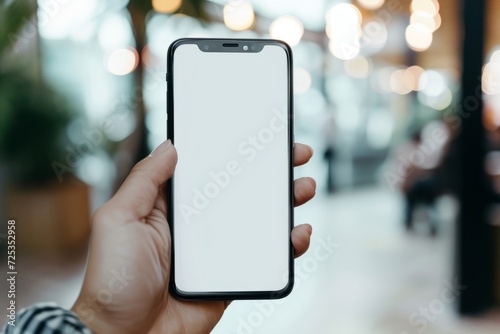 Mockup image of a hand holding a modern smartphone with blank white screen on blurred background