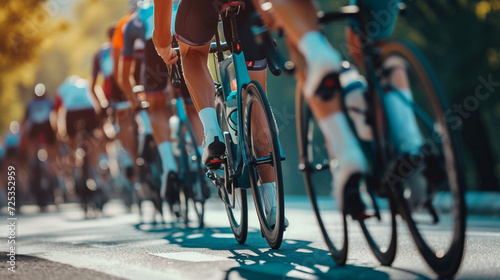 Low angle group of cyclists racing tournament on the road cycling route. 