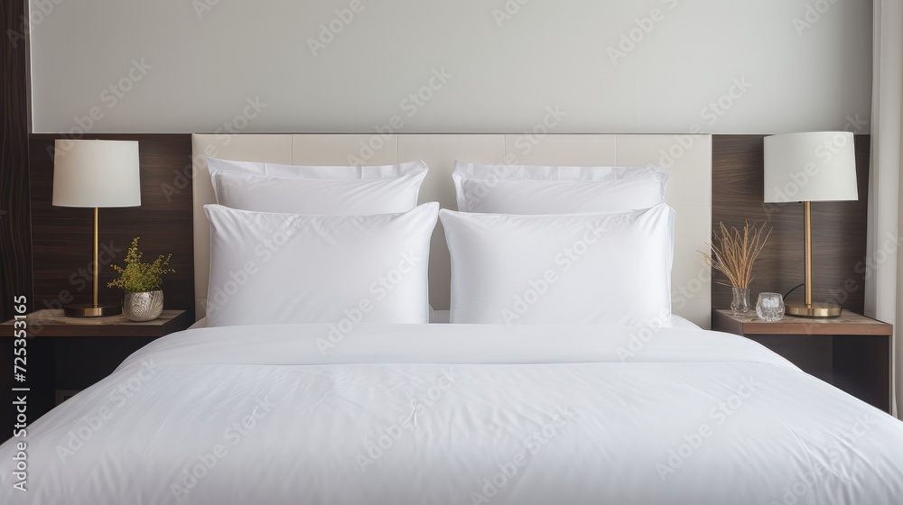 Obraz premium White pillows on the bed. Comfortable soft pillows on the bed. The concept of a clean cozy hotel