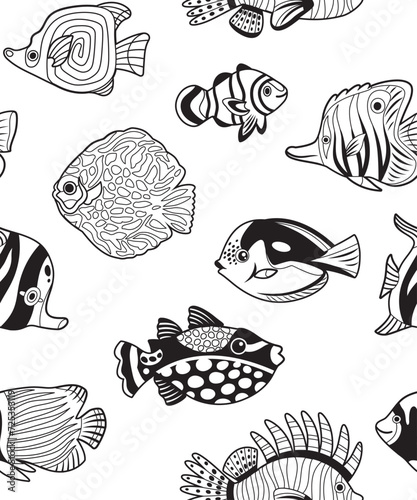 Black and white seamless pattern with beautiful tropical fishes, exotic sea wildlife in vector