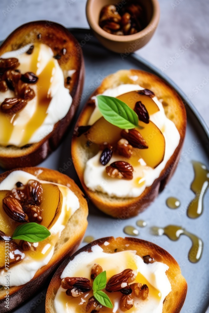 Bruschetta with caramelized pears and cheese, delicious crostini for gourmet breakfast, brunch or lunch