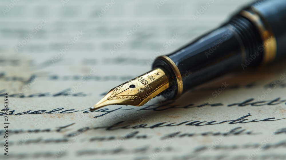 Fototapeta premium Fountain pen resting on handwritten document.