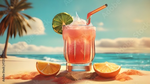 Frozen cocktail on the beach. 3D illustration. Vintage style. Generated AI