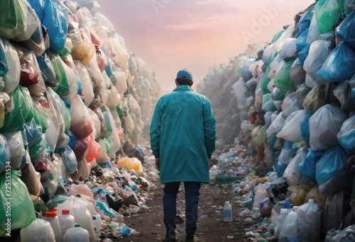 Un homme qui marche au milieu d'une décharge de sacs plastiques poubelle - generative AI photo
