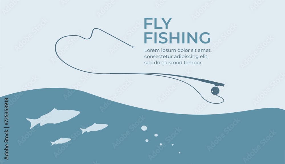 Naklejka premium Fishing and active hobby. Fly fishing rod with fishing line. Fish biting a fly lure. Fly fishing on bait on the lake or river. Leisure. Оutdoor recreational. Vector illustration flat design. Isolated