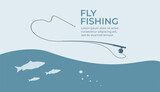 
Fishing and active hobby. Fly fishing rod with fishing line. Fish biting a fly lure. Fly fishing on bait on the lake or river. Leisure. Оutdoor recreational. Vector illustration flat design. Isolated