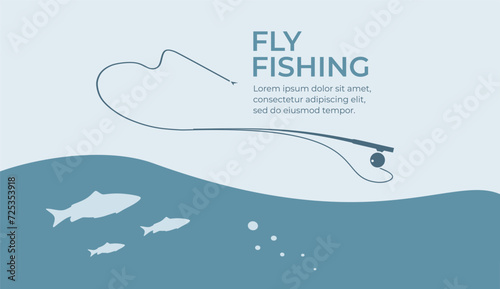 
Fishing and active hobby. Fly fishing rod with fishing line. Fish biting a fly lure. Fly fishing on bait on the lake or river. Leisure. Оutdoor recreational. Vector illustration flat design. Isolated