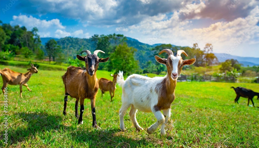 Goats grazing on the grass fields meadow beautiful sunny Goats grazing on the grass fields meadow beautiful sunny
