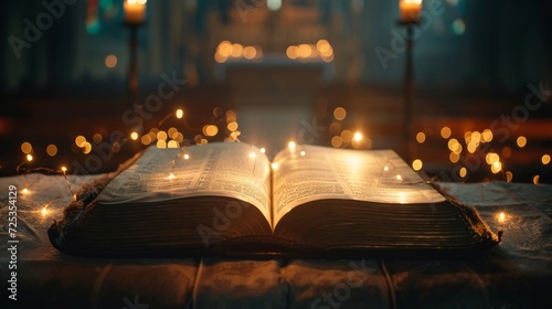 Open Holy bible book with glowing lights in church