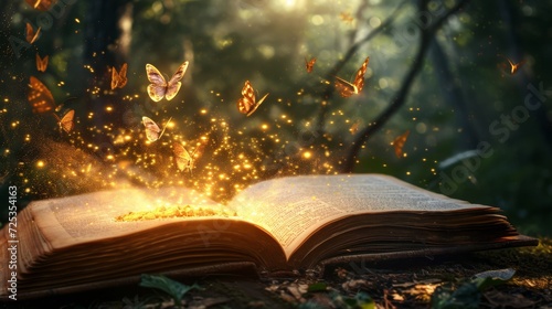 Open magic book with growing lights, magic powder, butterflies. Magic book of elves in the fairy forest