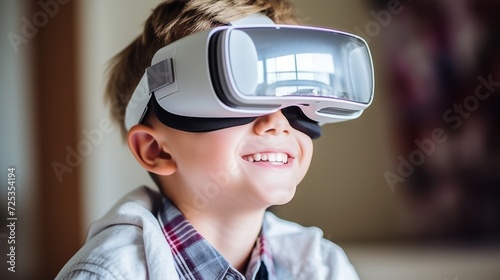 Experience the future through the eyes of a boy wearing UHD VR glasses, immersed in an intricate virtual reality world. Created with generative AI technology.