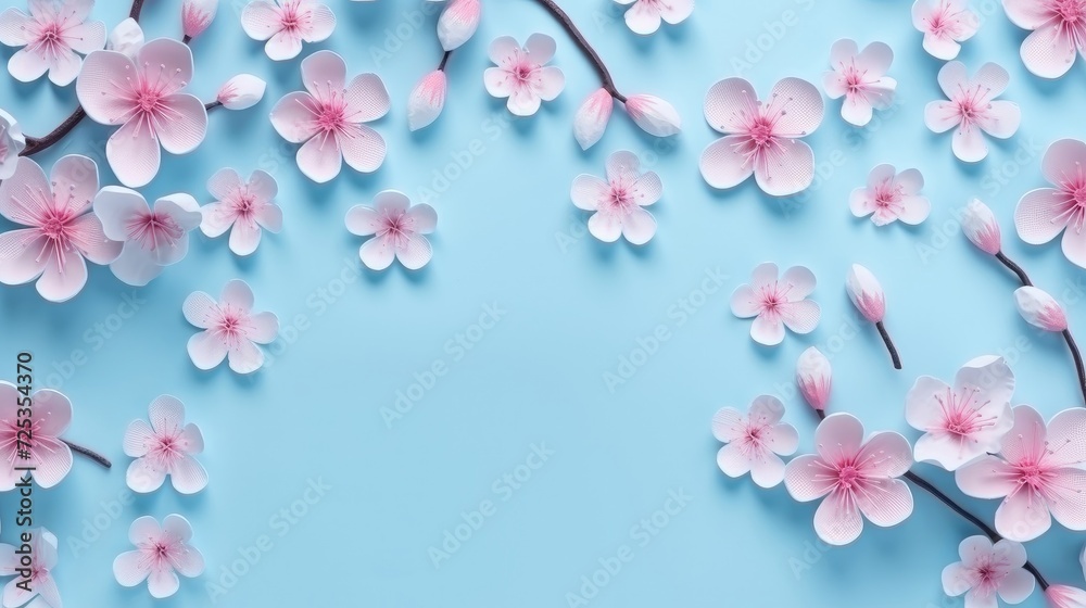 Serene Cherry Blossom Sprigs on a Calm Blue Backdrop - Generative AI Serene Cherry Blossom Sprigs on a Calm Blue Backdrop - Generative AI