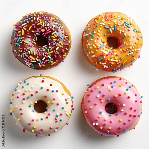 Tasty colorful donuts with sprinkles on a white background, top view. Generative AI.