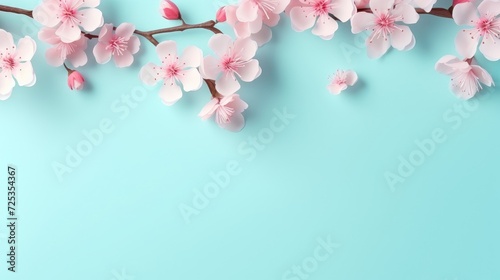 Serene Cherry Blossom Sprigs on a Calm Blue Backdrop - Generative AI