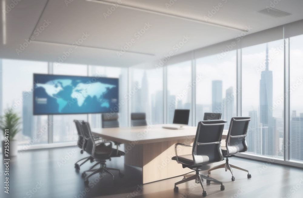 Defocused abstract Conference Room with big desk table, presentation TV, Infographics, Statistics, Graphs. E-Commerce Startup. Blurred empty modern city office. Business open space interior. Finance Defocused abstract Conference Room with big desk table, presentation TV, Infographics, Statistics, Graphs. E-Commerce Startup. Blurred empty modern city office. Business open space interior. Finance