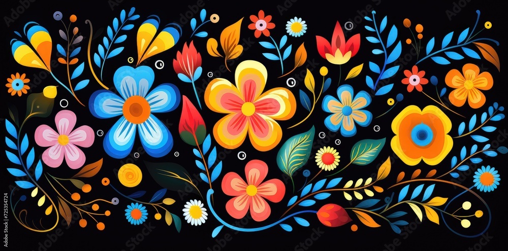 custom made wallpaper toronto digitalVibrant Mexican Floral Artistry on Black - Bold and Colorful Abstract Design - Generative AI